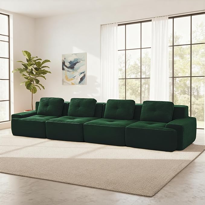 Casaphoria 150'' Green Corduroy Cloud Couch, 4-Seater Boneless Sectional Sofa with 4 Pillows for Living Room, Deep Seat Sofa, No Assembly Required