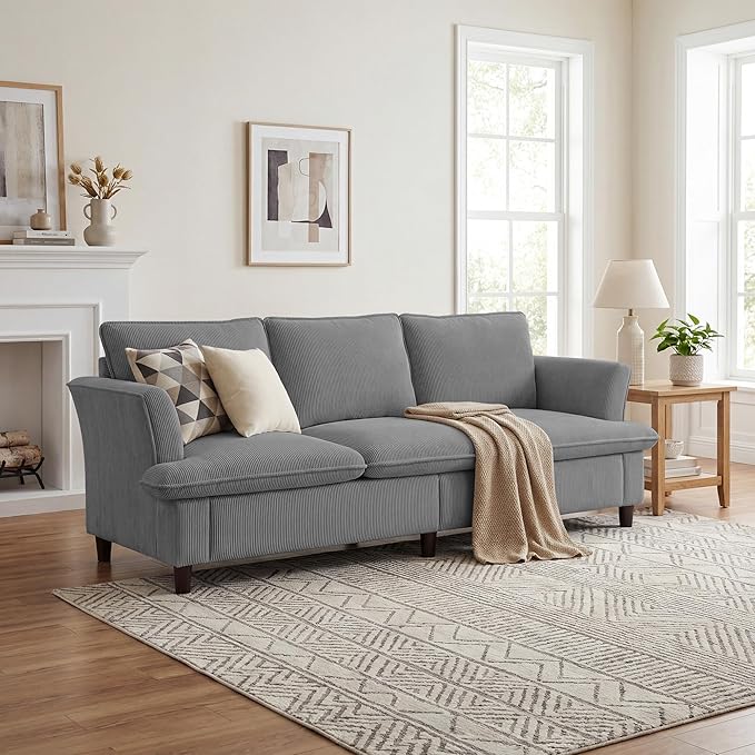 3 Seater Corduroy Couch, 89" Comfy Couch with Deep Seat, Modern Sofa Couch for Living Room, Office, Bedroom, Apartment (Pillows not Included) | Breathable material, Pet - friendly, Strong support