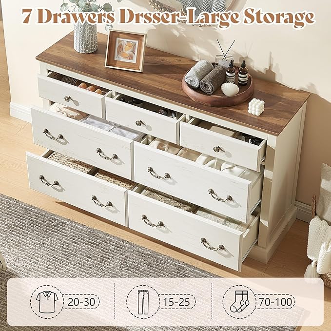 AMERLIFE 2 Piece Bedroom Set Including Farmhouse 7 Drawer Dresser and 6 Chest of Drawers, Wood Tall Dressers Organizer with Metal Handle for Bedroom, White