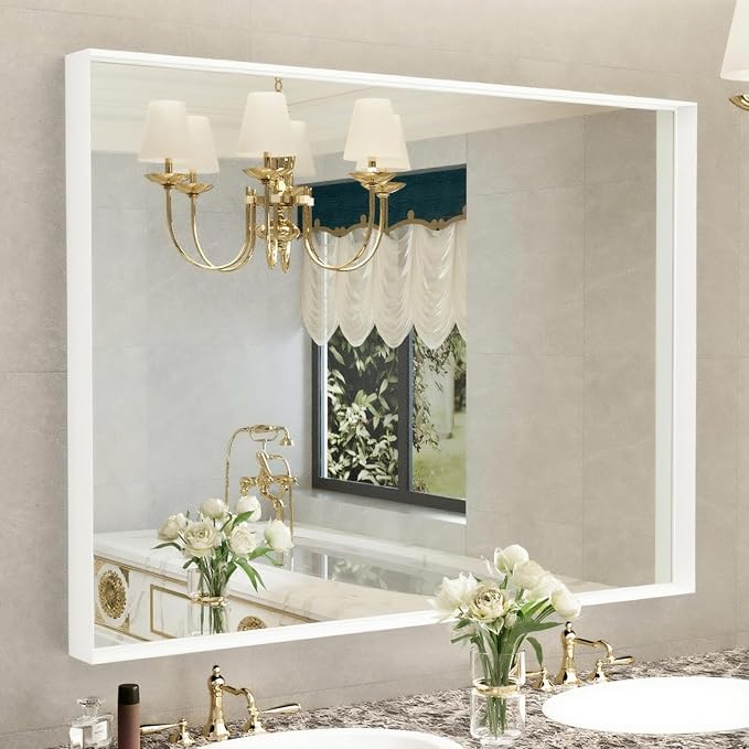 40” x 30” White Bathroom Mirrors for Over Sink, Rectangular Vanity Mirror, Metal Framed Decorative Mirror for Living Room, Bedroom, Tempered Glass, Anti-Rust, Horizontal/Vertical by Dimelax