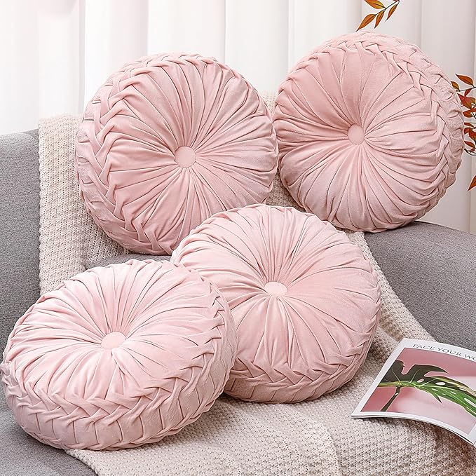 Beeveer 4 Pcs Round Throw Pillows 15 Inch Decorative Velvet Pleated Pumpkin Pillows Boho Floor Pillow with Center Button for Living Room Couch Chair Bed Sofa Home Decoration (Light Pink)