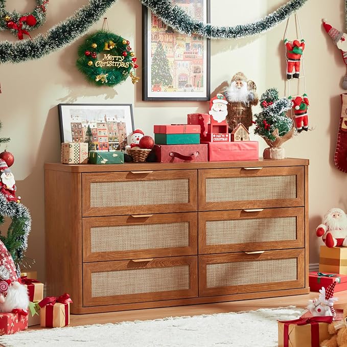 LEYAOYAO Rattan Dresser for Bedroom Set of 2, Boho 48" Wide 6 Drawer Dresser Chest of Drawers, Wood Dressers TV Stand with Metal Handle, Storage Dressers Closet Organizer for Living Room, Hallway - Image 3