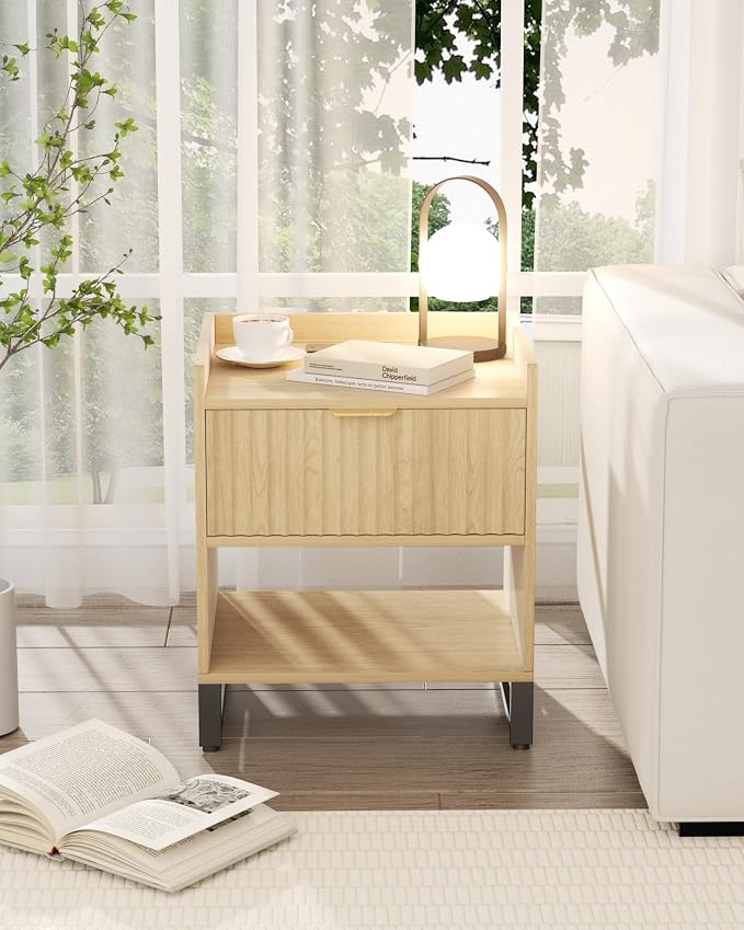 Fluted Night Stand with Charging Station, Wood Nightstand with Large Drawer and Open Storage Cabinet, Mid-Century Modern Bedside Table End Table for Bedroom Closet Office - Image 4