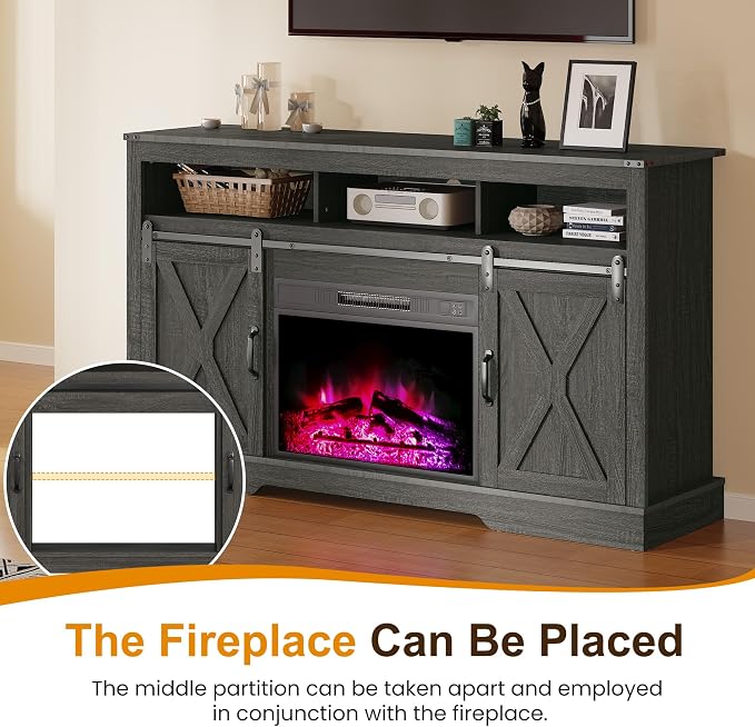 RoyalCraft Fireplace TV Stand for 65+ Inch TV, 34" Tall Farmhouse Entertainment Center with 23" Electric Fireplace,Rustic Media Console with Sliding Bar Door for Living Room, Grey - Image 5