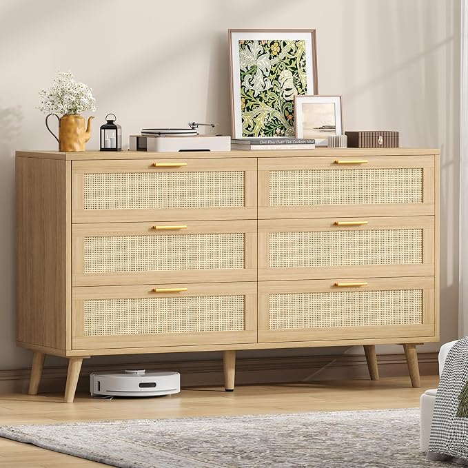 Rovaurx Rattan 6 Drawer Double Dresser for Bedroom, 47.2" Wide Boho Chest of Drawers, Modern Wooden Dresser Chest with Golden Handles, Beside Table for Closet, Living Room and Entryway, Natural Oak by Rovaurx