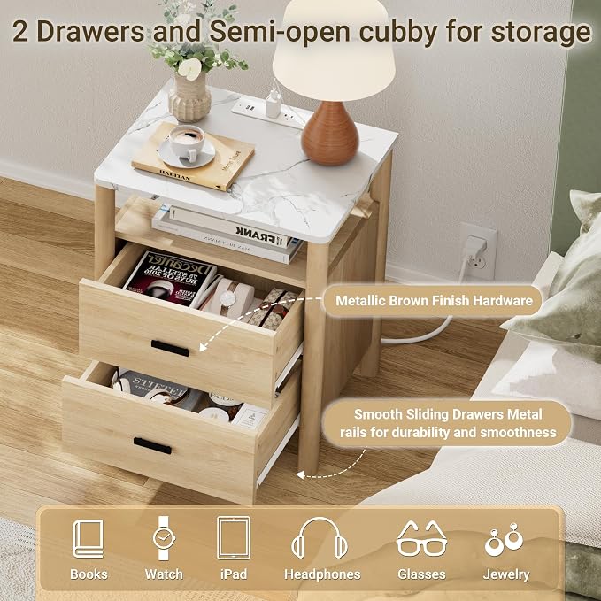 Night Stand, 20" Wide Nightstand, Modern Large Nightstand with Charging Station & Faux Marble Top, 2 Drawer End Table with Solid Round Post Legs, Bedside Table for Bedroom, Natural Oak - Image 6