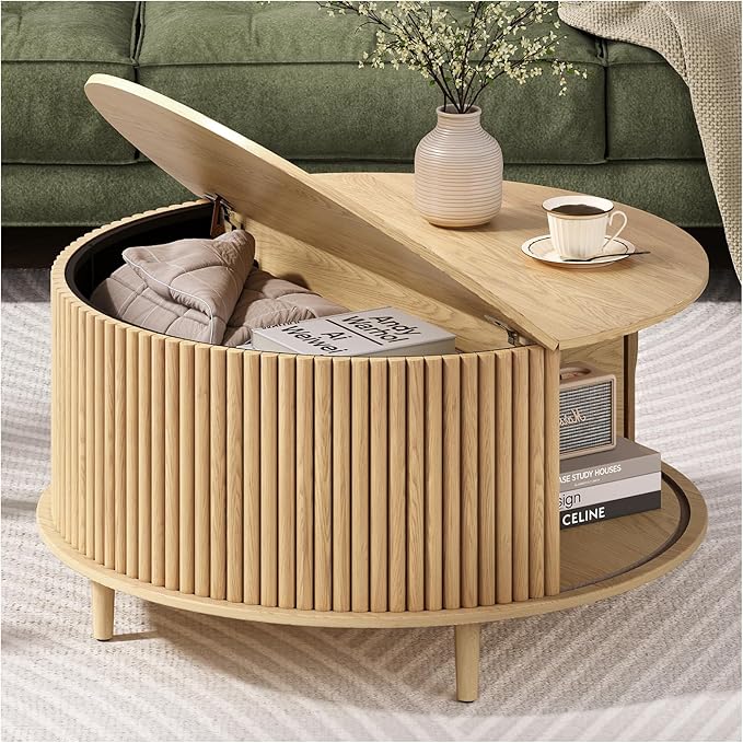 Round Coffee Table with Storage, 31.5" Oak Wood Drum Table, Fluted Circle Center Table for Living Room, Modern Mid Century Furniture with Sliding Door