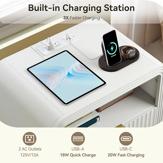 Fluted Nightstand Set of 2 with Charging Station, 19.7'' Wide Modern End Table with USB/Type-C Ports, 2 Drawers & Open Shelf, Curved Profile Design, Wood Bedside Table for Bedroom (White) - Image 4