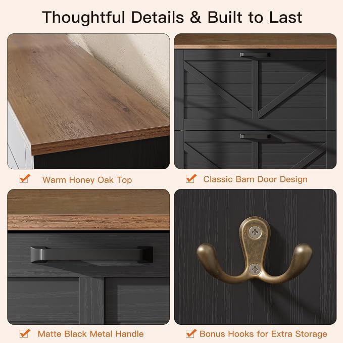 Shaker Barn Door Shoe Cabinet - 3 Flip Drawers & 3-Tier Adjustable Shelves, Ultra Slim Freestanding, Modern Rustic Brushed Black Farmhouse Shoe Rack for Entryway, Hallway, Foyer & Mudroom Black - Image 7