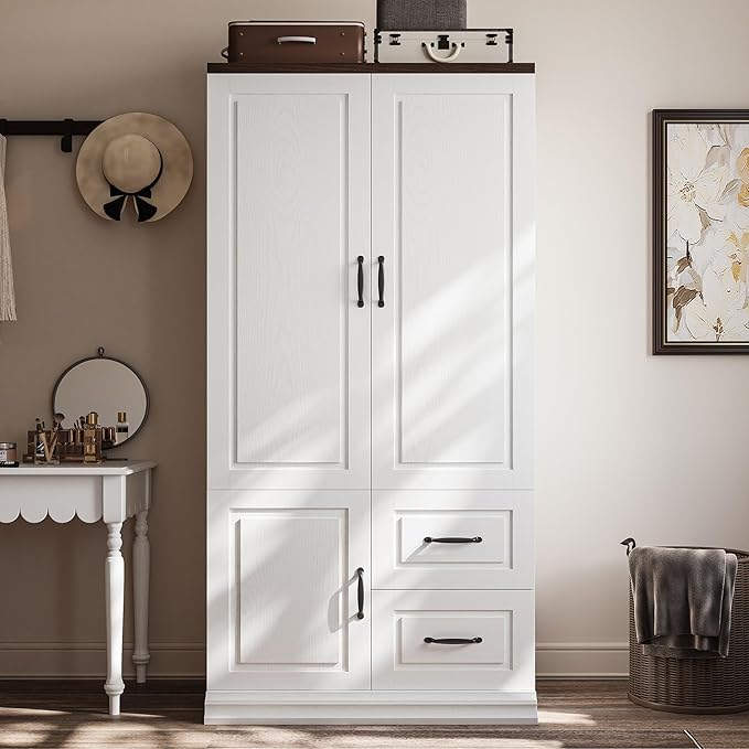 ANCTOR Wardrobe Closet with Drawers, 71.1" H Tall Wooden Armoire with 2 Doors and Hanging Rod for Hanging Clothes, Freestanding Wardrobe Storage Cabinet, Stand Alone Clothing Organizer Closet, White