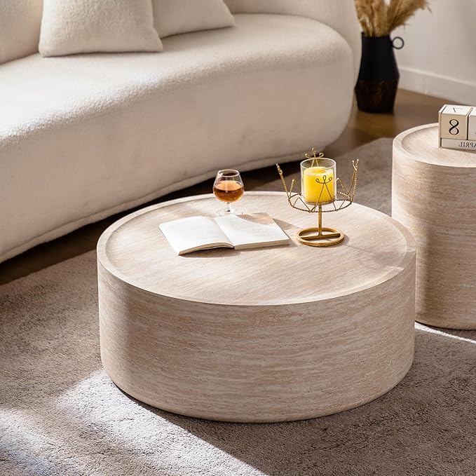 Round Coffee Table in Faux Marble, 31.5" W × 12" H Stone Coffee Tables for Living Room, Modern Drum Center MDF Vintage Design Low, Office, Apartment No Assembly Required Beige Mars
