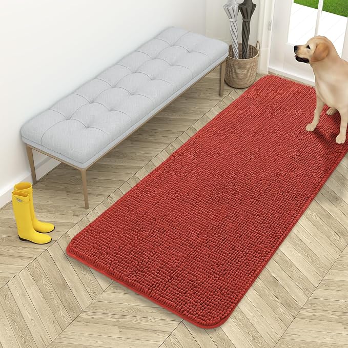 OLANLY Dog Door Mat for Muddy Paws 54x24, Absorbs Moisture and Dirt, Absorbent Non-Slip Washable Doormat, Quick Dry Chenille Mud Mat for Dogs, Entry Indoor Entryway Carpet for Inside Floor, Maple Red by OLANLY