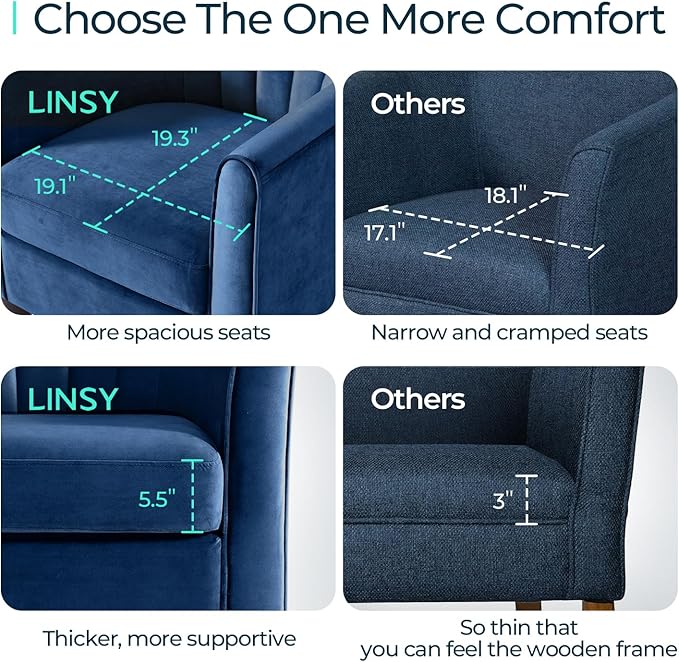 LINSY Accent Chair with Ottoman, Modern Barrel Chair Comfy Armchair Reading Chair with Footrest, Round Arms Chair for Living Room Bedroom Reading Room, Velvet, Blue