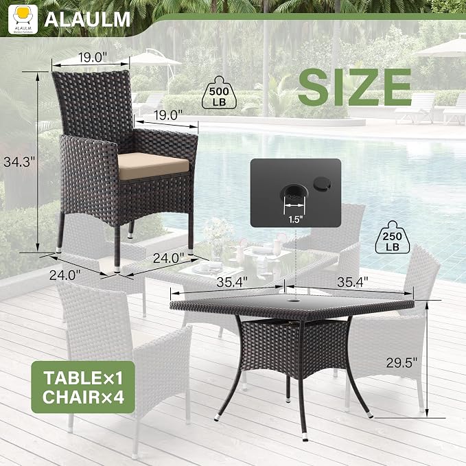 ALAULM 5 Piece Patio Dining Set All-Weather Wicker Outdoor Furniture Set w/Tempered Glass Tabletop, Removable Cushions and Umbrella Hole for Patio, Backyard, Garden, Poolside（Brown） - Image 2