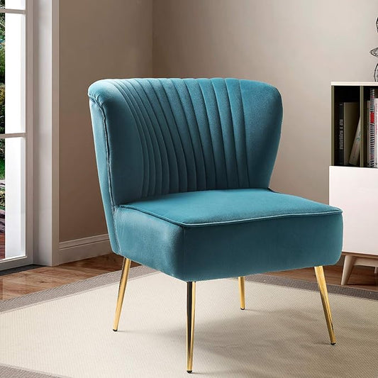 HULALA HOME Velvet Accent Chair, Modern Upholstered Cute Side Chair with Gold Metal Legs, Armless Wingback Slipper Chair Comfy Living Room Chair for Bedroom Guest Room Vanity, Blue