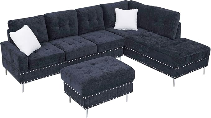 ERYE 102-Inch L-Shaped Corner Sectional Sofa Chenille Upholstered Tufted Corner Sofa Couch with Storage Ottoman and Nailhead Decor,Modern L-Shaped Convertible Couches