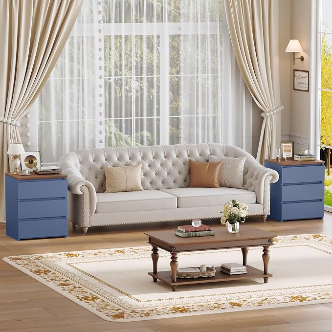 FOTOSOK Nightstand Set of 2 White Nightstand with 3 Drawers, White Bedside Table Night Stand for Bedroom with Cut-Out Handle, Sofa Side Table for Bedroom, Blue - Image 4
