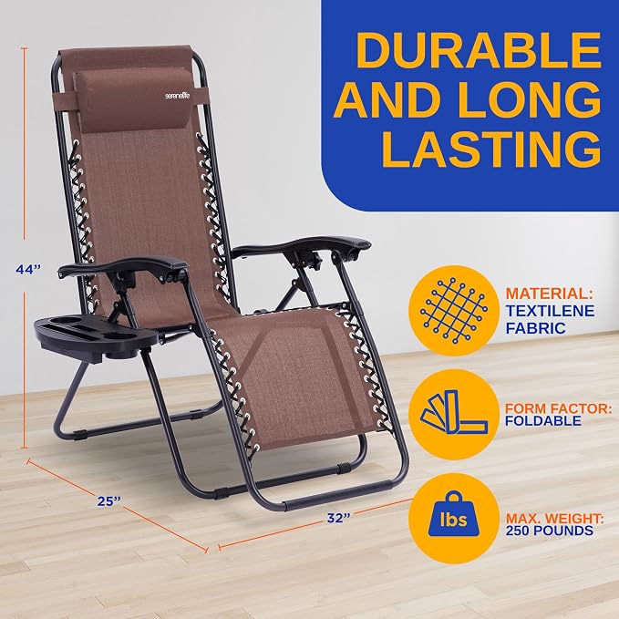 SereneLife Zero Gravity Lounge Chairs Set of 2, Adjustable Outdoor Recliners with Lockable Positions, Side Table Cup Holders, Padded Headrest Pillows, Foldable Steel Frame Patio Chairs (Brown) - Image 3