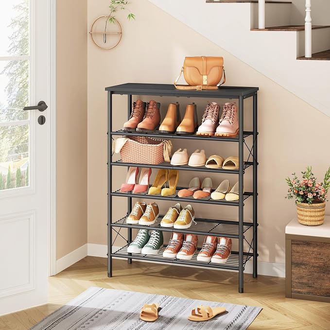 Tajsoon 6 Tier Shoe Rack Organizer for 20-24 Pairs of Shoes, Metal Mesh Shoe Shelf for Closet, Industrial Shoe Rack for Entryway Shoe Storage with X Shape Fixed Frame, Black - Image 2