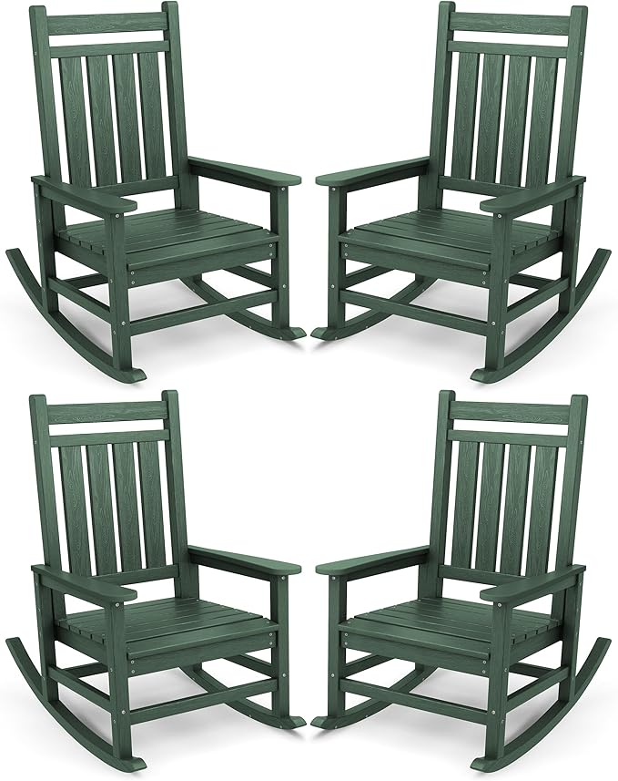 SERWALL Oversized Outdoor Rocking Chair Set of 4, HDPE Rocker for Adults, Patio Rocking Chairs for Porch, Green by SERWALL