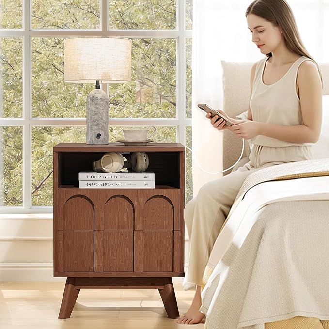 Oak&Sparrow Nightstand with Charging Station, Mid Century Modern Arched Bedside Table, 2 Drawer Wood End Table for Bedroom, Walnut - Image 9