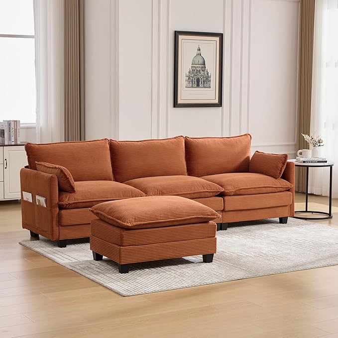 Modular Sectional Sofa Couch with Reversible Ottoman, 103" Oversized Corduroy Cloud Couch, 3 Seat Sectional Sofa with Solid Wood Frame and Side Pockets,for Living Room & Apartment
