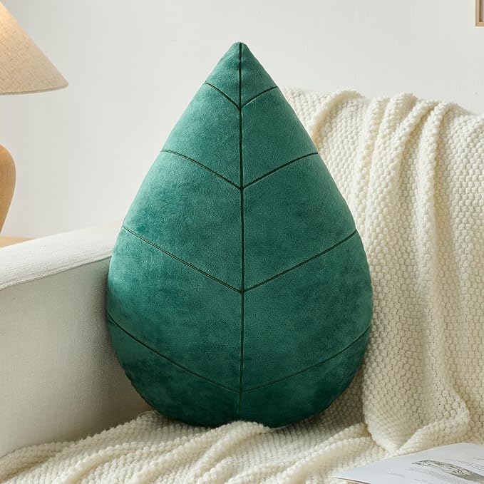 Leaf Pillow, Cute Decorative Throw Plant Pillow Aesthetic Decor Nature Pillow for Bed Couch, Leaves Shaped Pillow Perfect for Bedroom Living Room (Dark Green 2, 15 Inches)