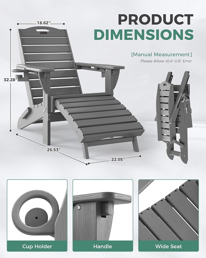 Adjustable Adirondack Chairs Set of 6 with Retractable Ottoman, HDPE Folding Adirondack Chair with Cup Holders, Weather Resistant for Backyard, Poolside & Fire Pit (Grey) - Image 3