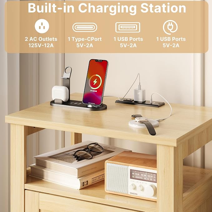 Decofy Farmhouse Nightstand with Charging Station, Modern End Tables with 2 Drawers & Open Shelf, Outlets, USB Ports and Type-C Ports, Wood Rustic Nightstands for Bedroom (2 Pack, Oak) - Image 7