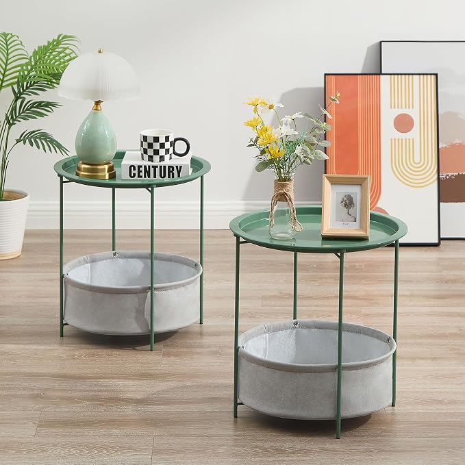 VECELO Round Side/End Table with Fabric Storage Basket，Metal Anti-Rust and Waterproof Small Bedside Nightstand with Removable Tray Top for Living Room，Balcony & Laundry，Dark Green /2pcs with Basket - Image 5