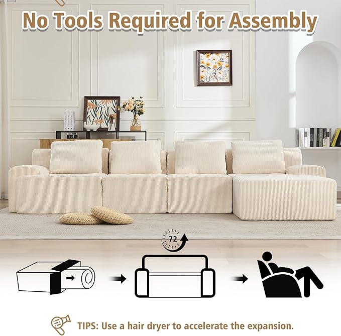 KIGOTY Modular Sectional Sofa Set, 5 PCS Comfy Cloud Sectional Couch with Deep Seat, Sleeper Sofa Bed with Ottoman, Modern Boneless Couch for Living Room, No Assembly Required,White
