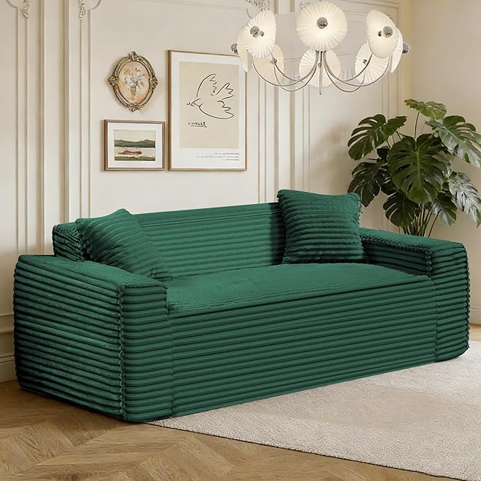 75" Cloud Loveseat Sofa, 26" Deep Seat Boneless Couches for Living Room, Modern 3 Seater Sofa with Throw Pillows, Corduroy Compression Sofa in Box, No Assembly Couch for Bedroom, Dorm, Dark Green