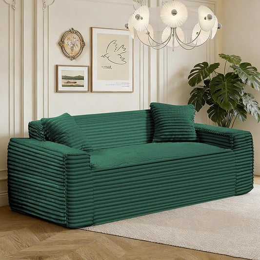 75" Cloud Loveseat Sofa, 26" Deep Seat Boneless Couches for Living Room, Modern 3 Seater Sofa with Throw Pillows, Corduroy Compression Sofa in Box, No Assembly Couch for Bedroom, Dorm, Dark Green
