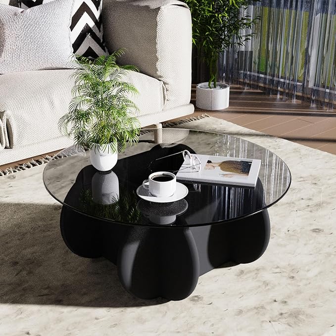 Black Glass Top Coffee Table Modern Elegant Round Coffee Tables with Solid Wood Legs and Tempered Glass Tabletop for Living Room Home Small Space Reception Office Tables 31.5"