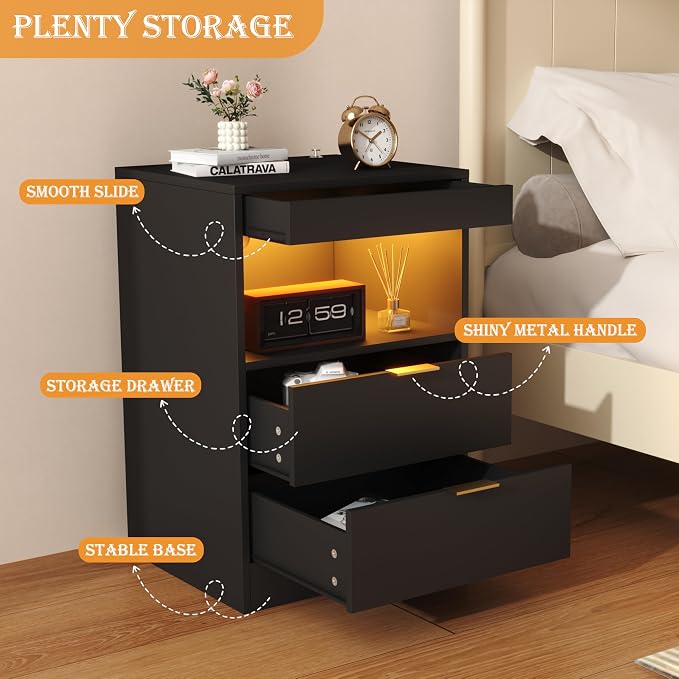 Yusong Night Stand with Gun Drawer & Invisible Lock, Bedside Table, LED Nightstand with Charging Station, Modern Night Stand, Wood Sofa Couch End Side Table with 2 Pull-Out Shelf (Black 002) - Image 6