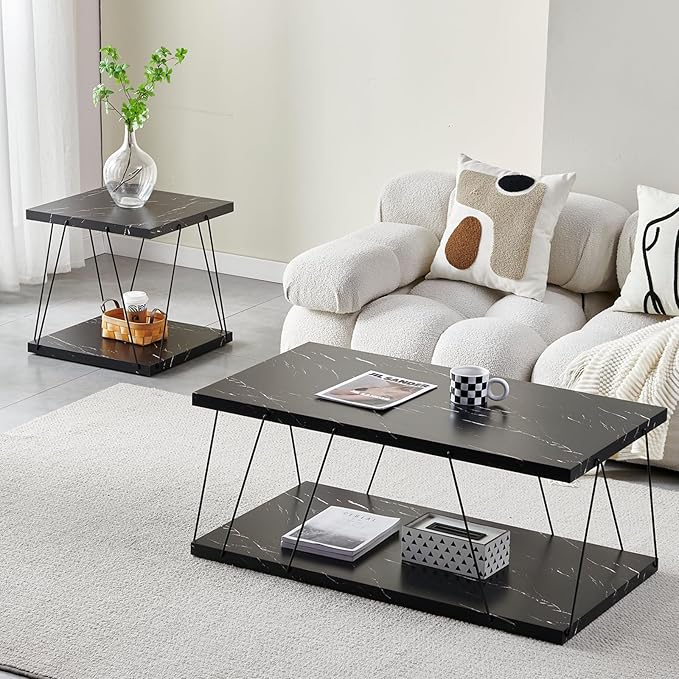 Btrpily Wooden Coffee Table - Modern Marble Coffee Table， Contemporary, Stylish, High-End Furnishing for Your Living Room (Black Marble, Rectangle)
