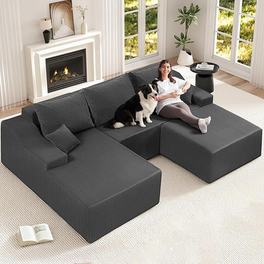 HABUTWAY 94“ U Shaped Modular Sectional Couch for Living Room, Modular Cloud Sofa with Ottoman, No Assembly Boneless Couches with Deep Seat, Corduroy Fabric (Grey, Left Facing)