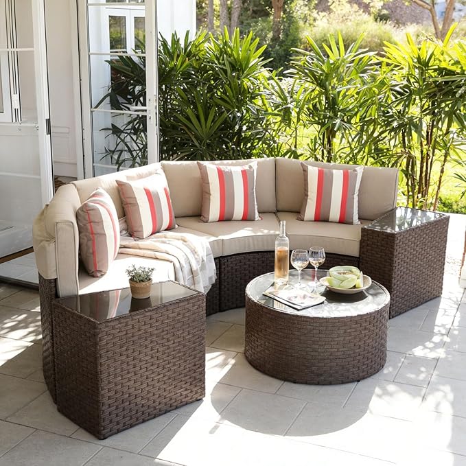 SUNSITT Outdoor 7-Piece Half-Moon Sectional Furniture Set with Round Coffee Table, Patio Curved Sofa Set, Beige Cushion and Brown Wicker, Incl. Waterproof Cover