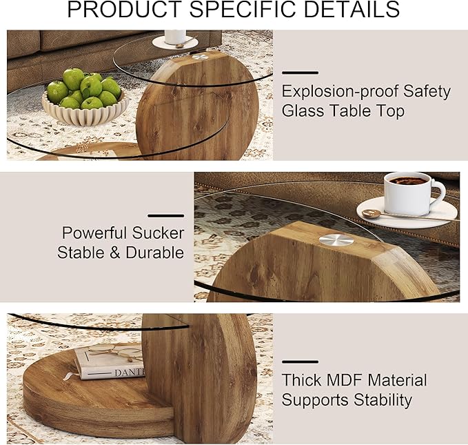 42" Glass Coffee Table, Small Round Coffee Table, 2-Tier Tempered Glass Tabletop with Wooden Base, Modern Center Table for Living Room, Home, Apartment, Ideal for Small Space