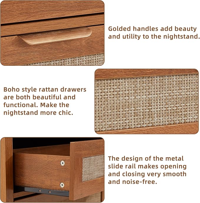 LEYAOYAO 31.5" Wide Rattan Nightstands Set of 2 with Charger Station, Large Boho 3 Drawer Night Stand, Teac Brown Bedside Table with Storage, Bed Side End Tables for Bedroom, Living Room, Hallway - Image 6