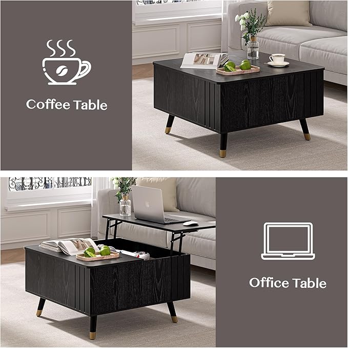Square Coffee Table with Lift-Top & Flip-Top Storage, 36" Lift Tabletop Dining Center Table with Solid Wood Legs, Functional Modern Black Coffee Tables for Living Room Small Space or Office