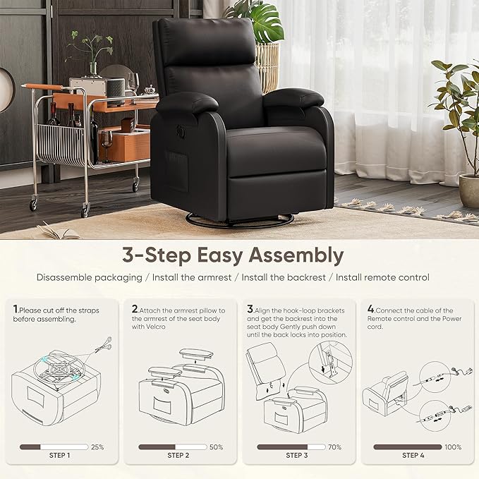 Homall Recliner Chair, 360 Swivel Rocking Chair for Adults, Massage Nursery Chair with Adjustable Backrest and Footrest, PU Leather Glider Rocker Recliners with Side Pocket for Living Room (Black)