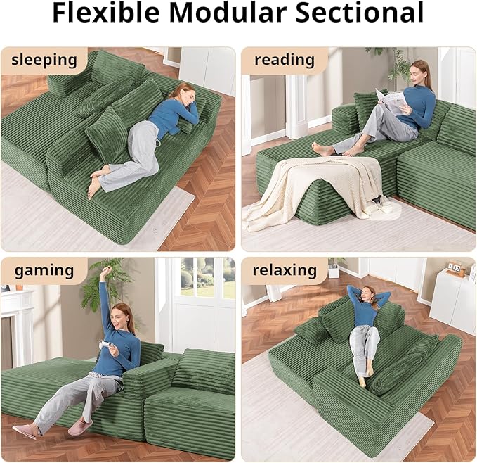 LUCKLIFE Modular Sectional Couch with L-Shape Chaise,Corduroy Upholstery Boneless Couches for Living Room,Oversized Sleeper Sofa,No Assembly Required (Green, L Shape with Left Facing Chaise)