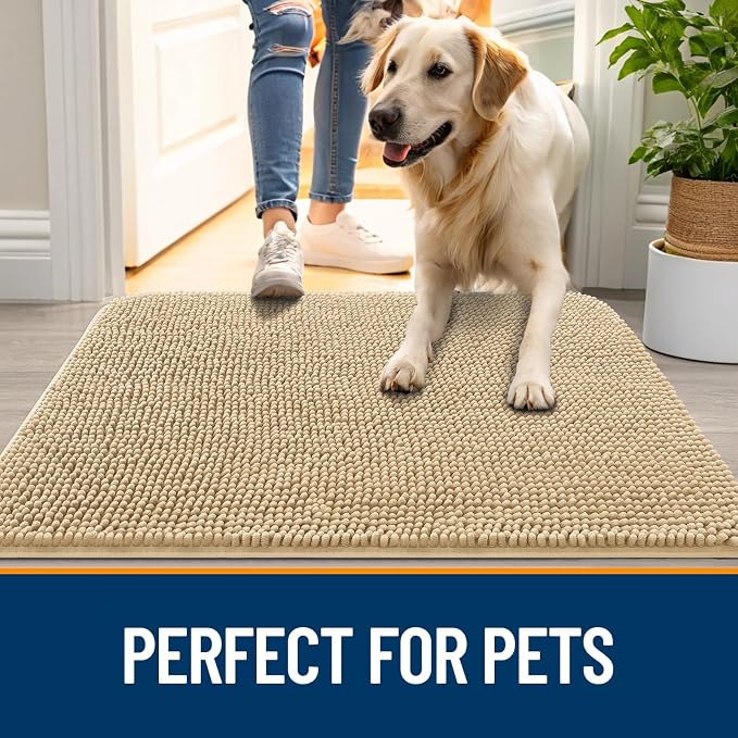 OLANLY Dog Door Mat for Muddy Paws 70x35, Absorbs Moisture and Dirt, Absorbent Non-Slip Washable Doormat, Quick Dry Chenille Mud Mat for Dogs, Entry Indoor Entryway Carpet for Inside Floor, Beige - Image 6