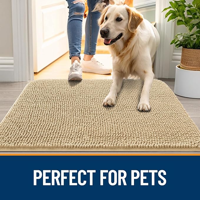 OLANLY Dog Door Mat for Muddy Paws 59x32, Absorbs Moisture and Dirt, Absorbent Non-Slip Washable Doormat, Quick Dry Chenille Mud Mat for Dogs, Entry Indoor Entryway Carpet for Inside Floor, Beige - Image 6