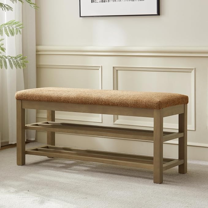 VKNOW Entryway Bench, 44.3” Upholstered Shoe Storage Bench for Bedroom, 2-Tier Storage End of Bed Bench with Rubberwood Legs for Living Room, Hallway, Orange - Image 7