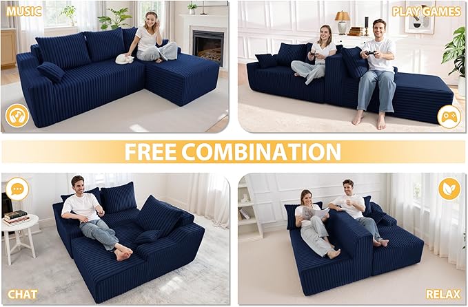 Homguava 94'' Cloud Sectional Couch, Modular L-Shape Couch with Chaise, Boneless Sofa with Deep Seat for Living Room Bedroom,No Assembly Required(Blue,Right Facing Chaise)