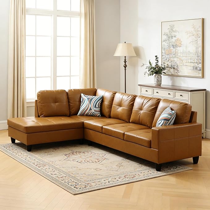 103.5 Inch Modern L-Shaped Couch, PU Leather Sectional Sofa with Chaise Lounge, 4-Seater Couch with Accent Pillows for Living Room, Apartment, Turmeric