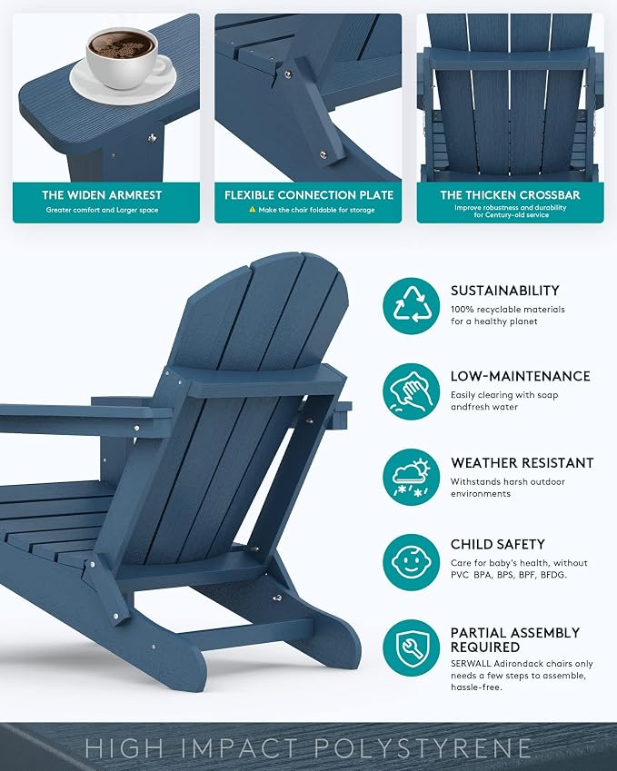 SERWALL Foldable Adirondack Chair Set of 2 for Patio Garden Outdoors Fire Pit-Blue - Image 6