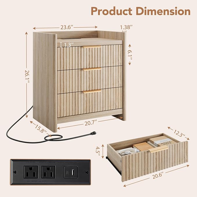25.9" Fluted Nightstand with Charging Station, Large Bedside Table with 3 Storage Drawers and Metal Handle, Modern End Table for Bedroom, Home Office(Natural Oak) - Image 2